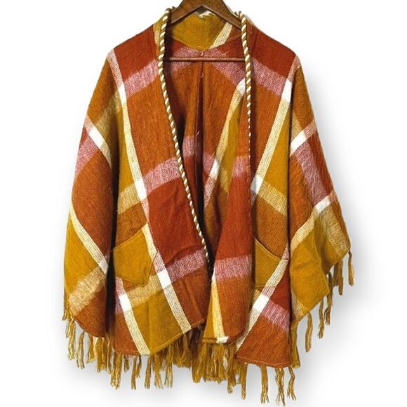 Inca Imports Womens Southwestern Orange Plaid Shawl OSFM - Picture 1 of 12